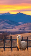 Fototapeta premium A serene llama stands in a golden field against a vibrant sunset and majestic mountains