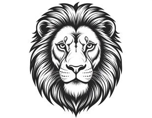 Obraz premium Striking black & white illustration of a majestic lion's head, detailed mane, piercing gaze, and strong facial features