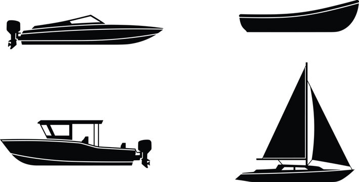 Boat and yacht silhouette collection with speedboat fishing boat sailboat and rowboat vector set for marine transport design