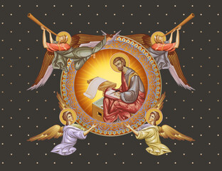 Naklejka premium Apostle Luke, Decorative vintage illustration with angels in Byzantine style