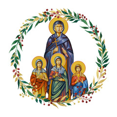 Naklejka premium Holy Martyrs Faith, Hope, Love and their mother Sophia. Decorative vintage floral wreath, illustration in Byzantine style isolated