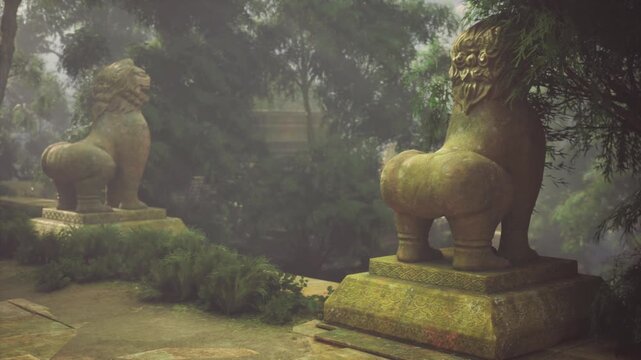 Mossy guardian lion statue in grove, closeup of carved plinth and dense foliage, soft mist and verdant textures surrounding weathered sculpture, intimate shrine