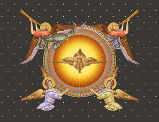 Naklejka premium Decorative illustration with angels and seraphim in Byzantine style