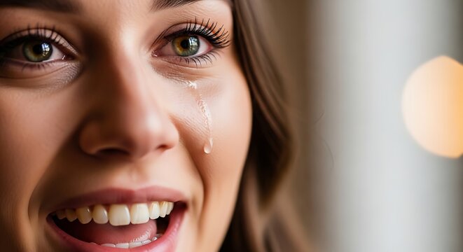Close-up of a Woman Crying Tears of Joy While Laughing.