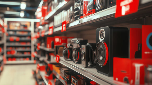 Store shelves filled with audio equipment and consumer electronics in red and black packaging, suitable for retail, shopping and technology concepts.