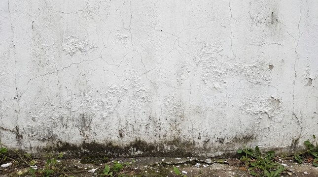 Weathered white concrete wall with visible cracks and dark stains, showing signs of aging and neglect. Ideal for grunge or urban-themed designs.