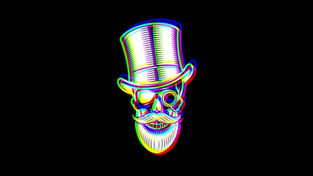 Animated gentleman skull wearing a top hat and monocle with a beard and mustache, featuring a vibrant digital glitch effect and RGB color shifts on a black background.