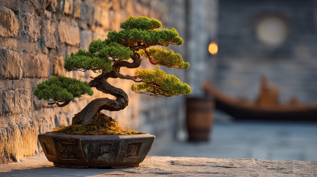 Ancients inspire bonzai tree with its twisted trunk and lush green foliage glowing softly in warm light near stone wall in peaceful setting