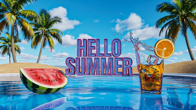 Hello summer tropical beach background with fresh watermelon slice cocktail drink palm trees and swimming pool water under blue sky
