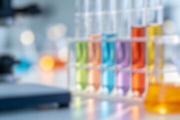 Blurred chemistry laboratory scene with colorful liquids in test tubes, symbolizing scientific experimentation, biotechnology and pharmaceutical research.