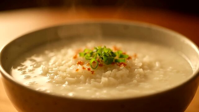 Steaming bowl of rice porridge on wooden table with green herbs on top indoors.