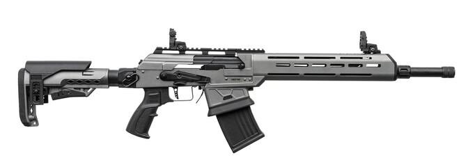 Modern semi-automatic tactical shotgun with a grey finish and adjustable stock on white back