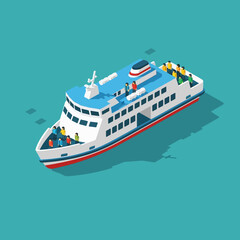 Fototapeta premium Isometric illustration of a white ferry boat with passengers on a blue background.