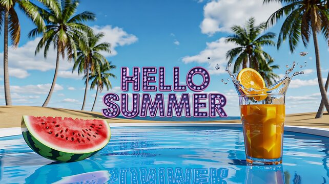 Hello summer tropical beach background with watermelon slice cocktail palm trees and swimming pool water under blue sky