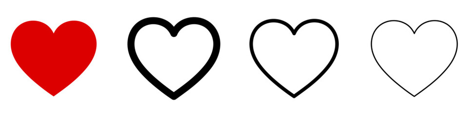 Set of heart icons in different graphic styles: solid red, bold black outline, medium outline, and thin line. Minimalist vector illustration.