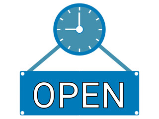 Opening hour icon with open text and clock symbol. Sign for store schedule, business availability, and service time information.