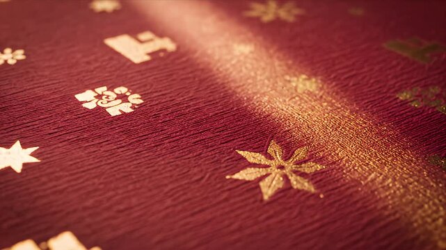 Festive Red Christmas Gift Wrap Texture With Golden Snowflake And Gift Box Icons And Subtle Light Movement In Soft Focus Background