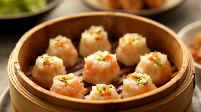 Steamed dumplings in a traditional bamboo steamer basket on a table with various dishes around it, close-up view.
