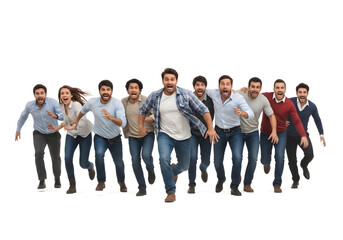 Fototapeta premium Diverse group of young adults running together in casual business wear on white background, teamwork and collaboration concept.