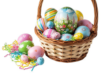 Fototapeta premium Colorful hand-painted Easter eggs in woven basket with confetti isolated on transparent background