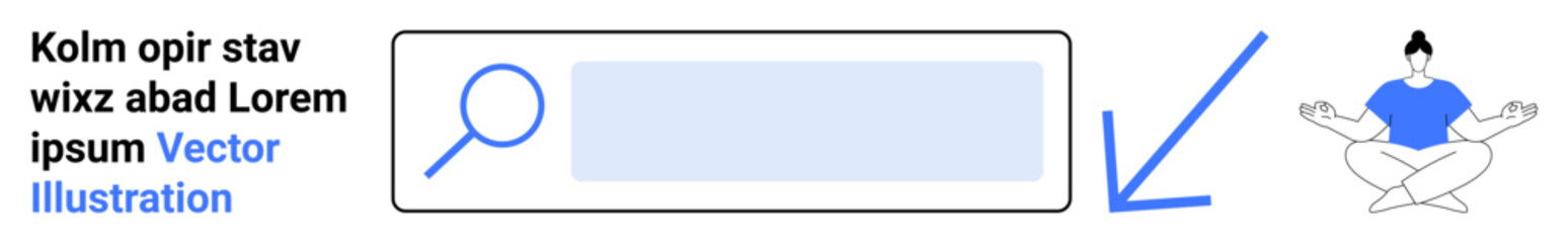 Obraz premium Internet navigation, mindfulness, web browsing, online resources, search engine optimization, personal balance. Search bar with magnifying glass and meditating person. Internet navigation