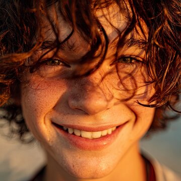 Authentic close-up portrait of a smiling teenage boy with wet hair on a sandy beach during a warm summer sunset. Lifestyle, wellness and vacation concept.