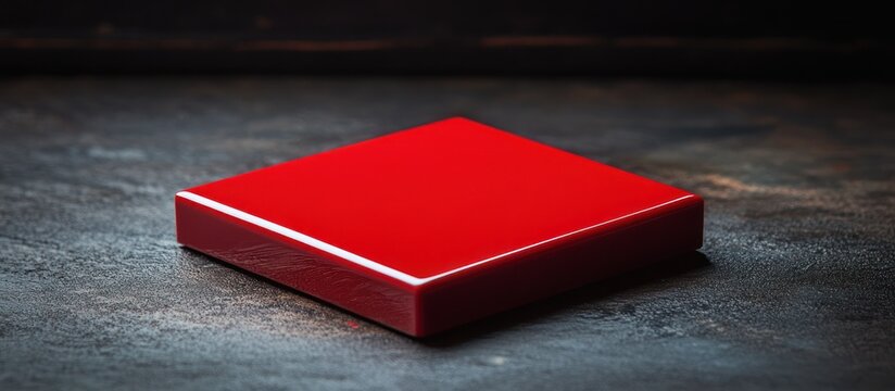 Red square sample on dark surface. Product photography