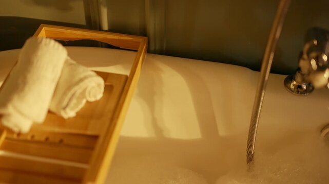 Wooden tray holds neatly rolled white towels beside a bathtub. Warm, golden light casts soft shadows across the scene. The setting exudes calmness and relaxation. Ideal for spa, hotel