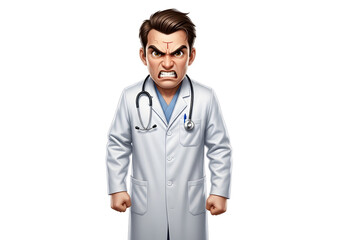 Fototapeta premium Angry doctor in white coat with stethoscope, frowning and clenching fists, isolated on white background