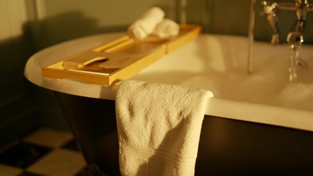 Vintage clawfoot bathtub bathed in warm, golden light. Wooden tray rests on the tub's edge, holding rolled towels and a glass. White towel hangs over the side, adding soft texture