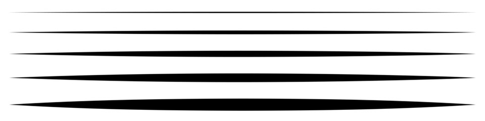 Fototapeta premium A set of horizontal black lines of varying thickness that symmetrically taper towards both ends. The graphic elements have sharp edges and resemble elongated rhombuses or calligraphic strokes.