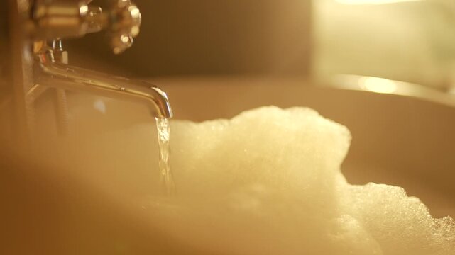 Warm water flows into a foamy sink. Soft sunlight filters through a window. Gentle bubbles float near a shiny faucet. The scene feels calm and relaxing. Perfect for spa, wellness