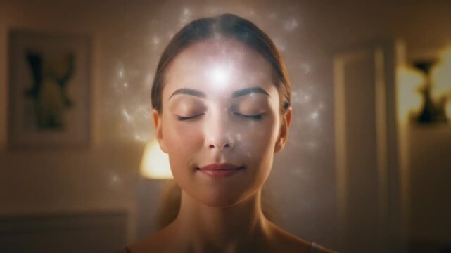 A serene young woman with her eyes closed and hair pulled back, surrounded by a soft, glowing aura emanating from her forehead