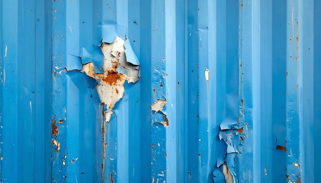 Textured close-up of worn blue metal siding with peeling paint and patches of rust