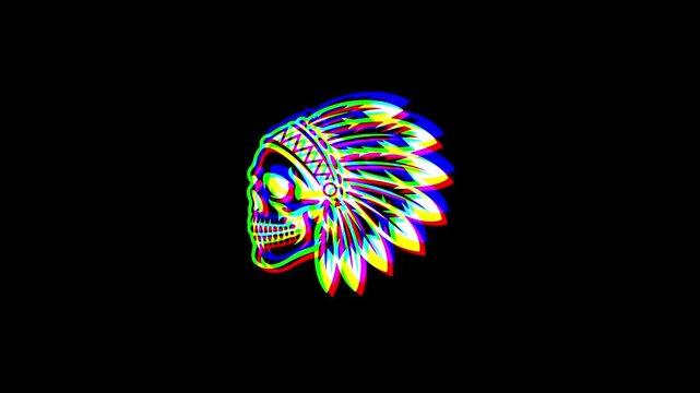 Animated profile of a Native American skull wearing a traditional feathered headdress with a vibrant digital glitch effect and RGB color shifts on a black background.