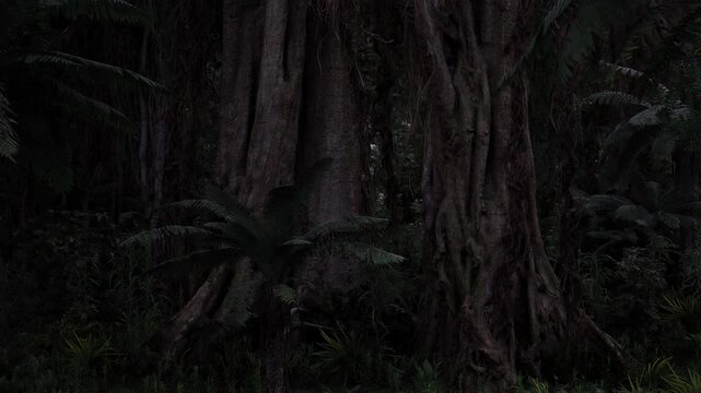 Moonlit massive banyan roots and darkness, dense trunks and tangle of aerial roots create dramatic silhouette, forest floor shrouded in shadow, damp moss