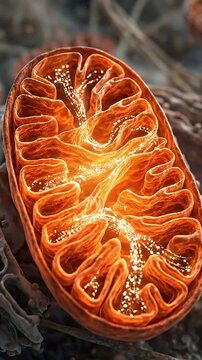 Microscopic mitochondrion cell organelle biology science energy metabolism atp production glowing structure 3d render illustration concept micrograph organelle structure