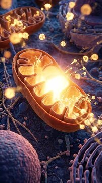 Mitochondrion cell biology energy atp production science organelle medical health glowing micrograph power metabolism abstract background oxygen rich mitochondrial atp production concept with glowing