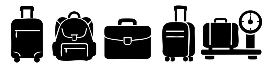 A set of black silhouette icons of travel luggage, including suitcases, a backpack, briefcase, and a weighing scale. Minimalist vector elements for airport, tourism, and vacation themes. © Nort Kor
