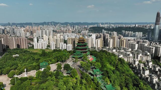 Chongqing Pagoda Temple Aerial View with City Skyline
