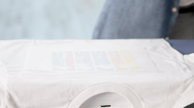 Woman Using Iron Appliance To Transfer Custom Design Onto T-Shirt