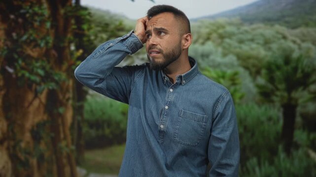 Man scratches head with hand in forest near trees, wearing denim shirt and looking uneasy while biting lower lip; uncertainty.