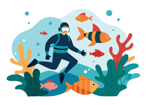 Minimal Scuba Diver Exploring Coral Reef Vector