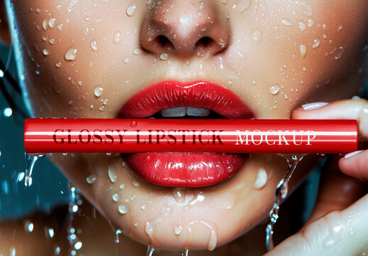 Glossy Lipstick Mockup with Beauty Model Close-Up