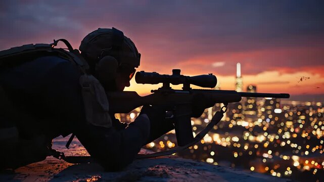 Sniper aiming at city skyline at sunset, dramatic sky, surveillance
