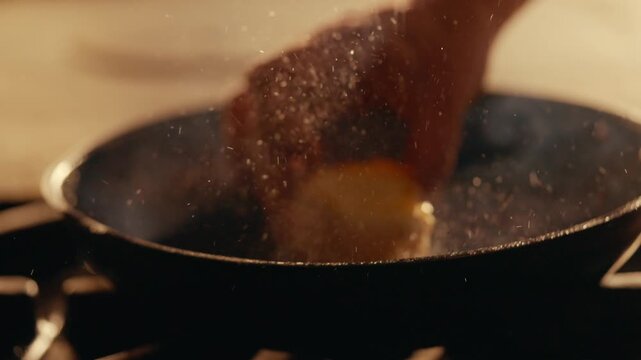 Hand places meat into a hot pan, sizzling and steaming. The camera focuses closely on the cooking process. Golden-brown meat sears perfectly in oil. Ideal for food blogs, restaurant ads