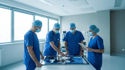 Healthcare workers discuss medical data in sterile room. Holographic display shows detailed patient scans. Team focuses intently on collaborative analysis