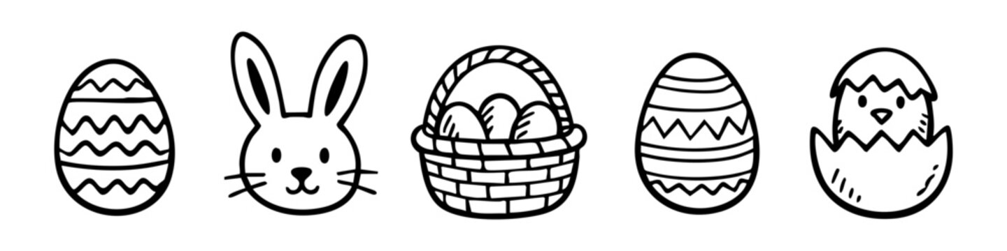 Set of black and white hand-drawn Easter icons featuring decorated eggs, a cute bunny head, a basket filled with eggs, and a newborn chick hatching from an eggshell.