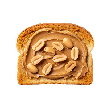 A slice of toast with peanut butter and peanuts on transparent background