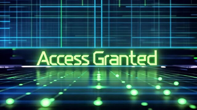 Futuristic security system interface with glowing digital grid patterns in a high-tech environment access granted concept